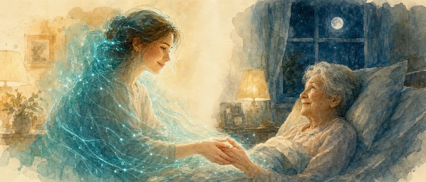 A caregiver drawn five times over, sinking further at each step, with a figure of light reaching back toward the first.