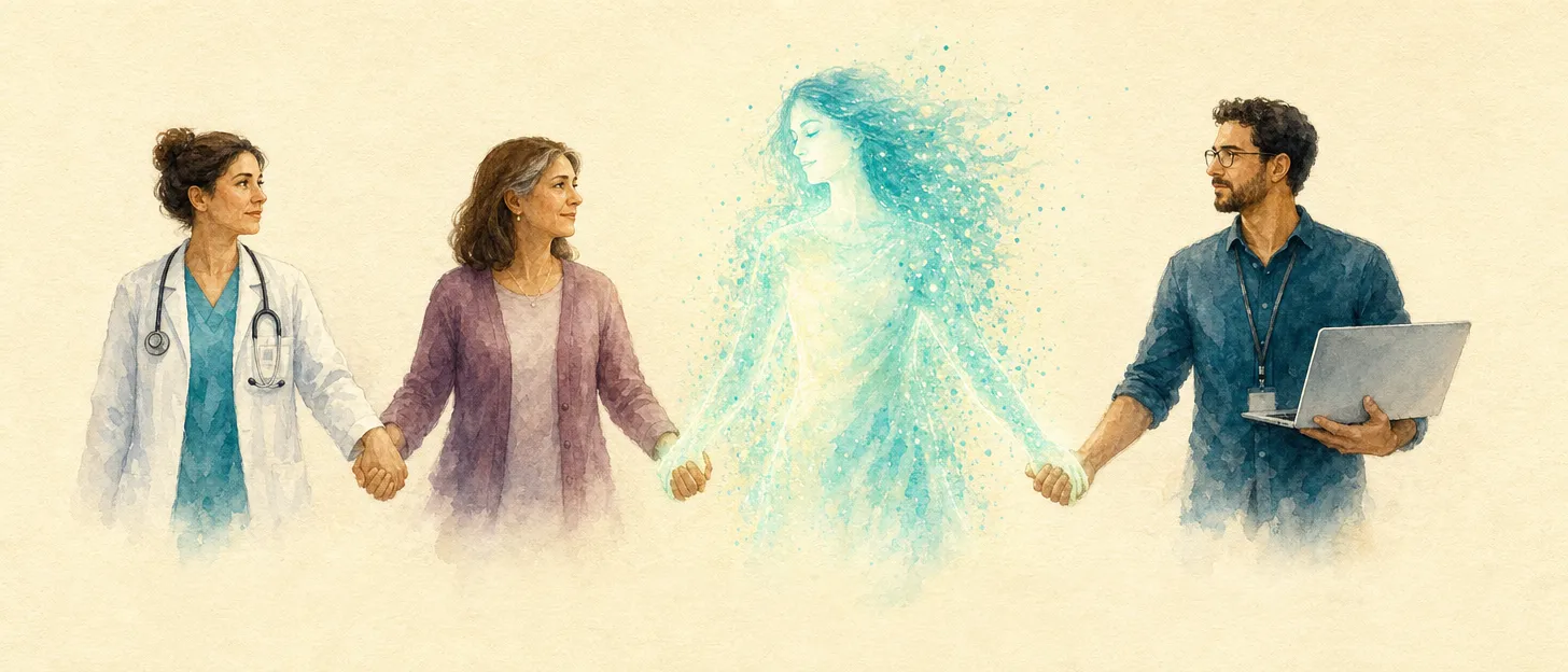 A doctor, a family caregiver, Proxi drawn as a figure of light, and an engineer, standing in a row with their hands joined.